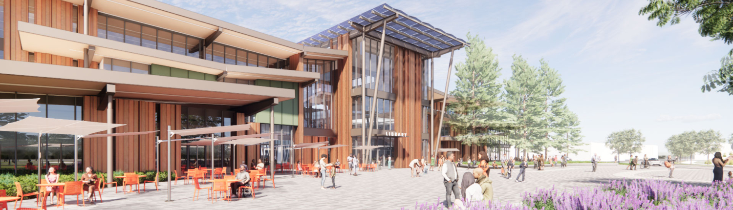 Main Library Front Facing Rendering 1 A spacious plaza in front of the main entrance to the proposed three-story Main Library. Seating areas and lavender plants are featured prominently in the foreground.