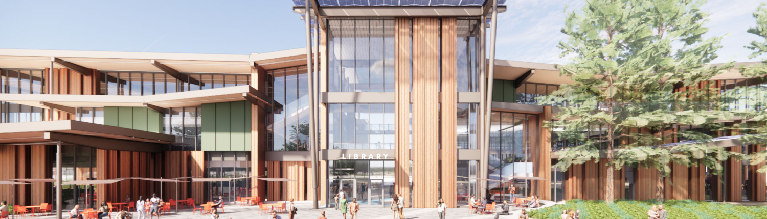 Main Library Front Facing Rendering 4 Prominent view of the main entrance to the proposed three-story Main Library. Entrance is overhung slightly by a canopy of solar panels. Tables and chairs flank the plaza near the entrance.