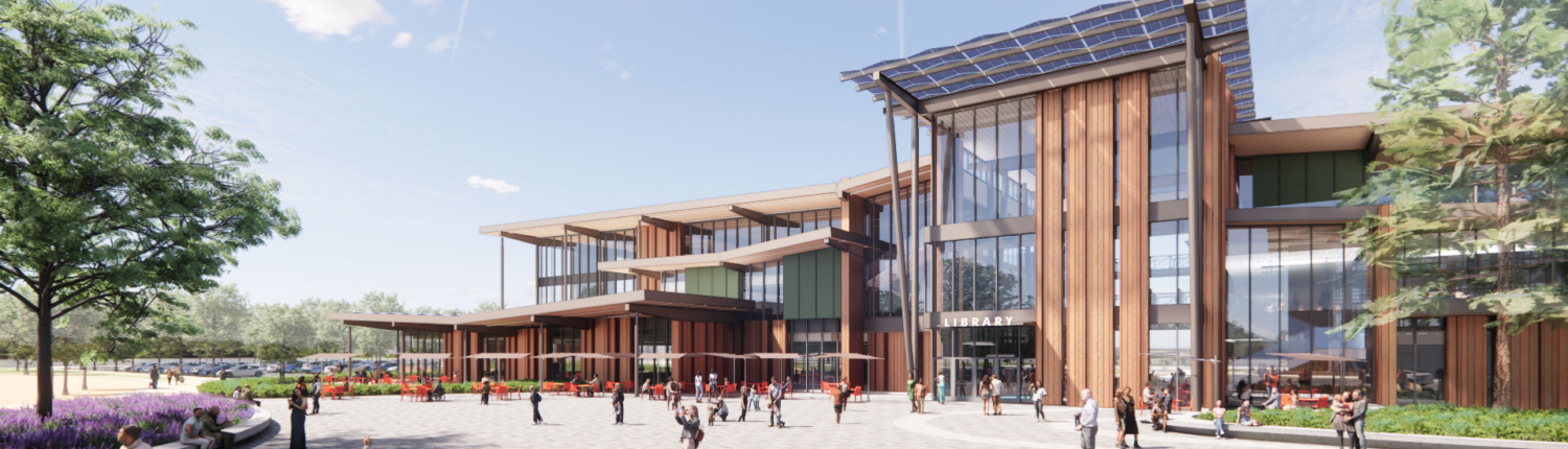 Main Library Plaza Foreground Rendering 5 View across a spacious plaza to the front of the proposed three-story Main Library with floor to ceiling windows. The central entrance is overhung slightly by a canopy of solar panels.